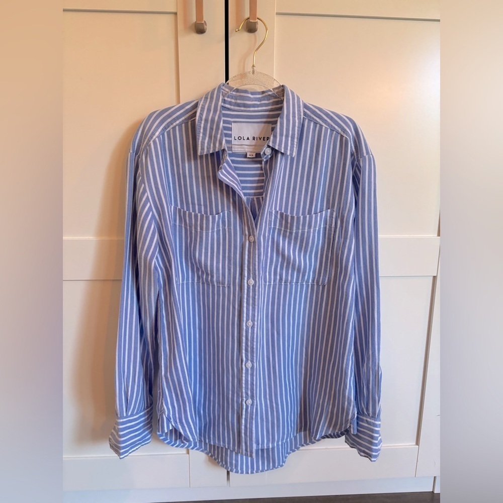 Lola River Women's Blue Striped Button Down Shirt Size XS minimalist Workwear